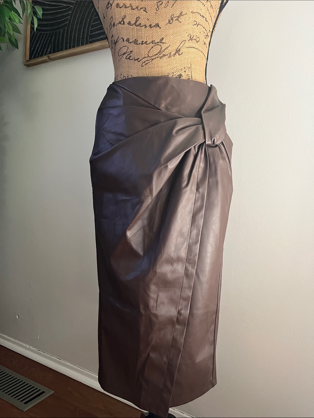 SHEIN Chocolate Brown Faux Leather Midi Wrap Pencil Skirt